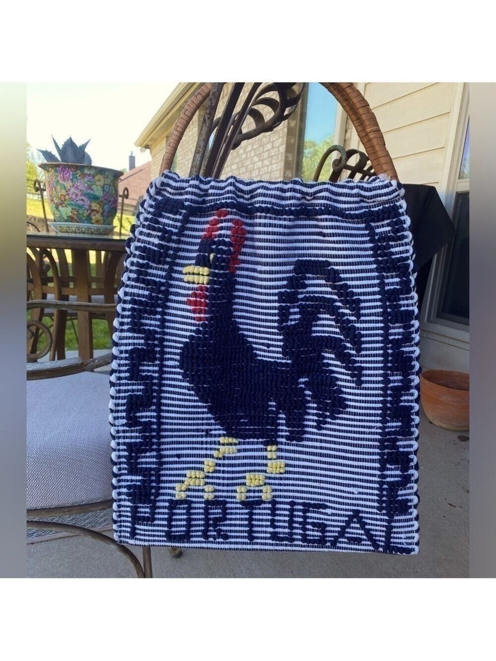 Vintage Rooster tote bag Portugal woven with rattan handle unique hand woven bag
